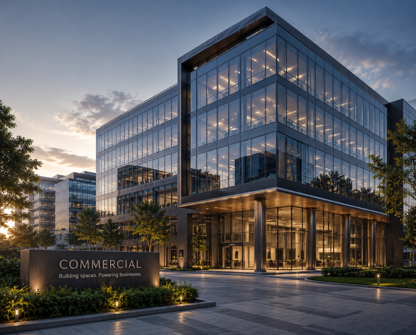 Commercial development, modern glass office building