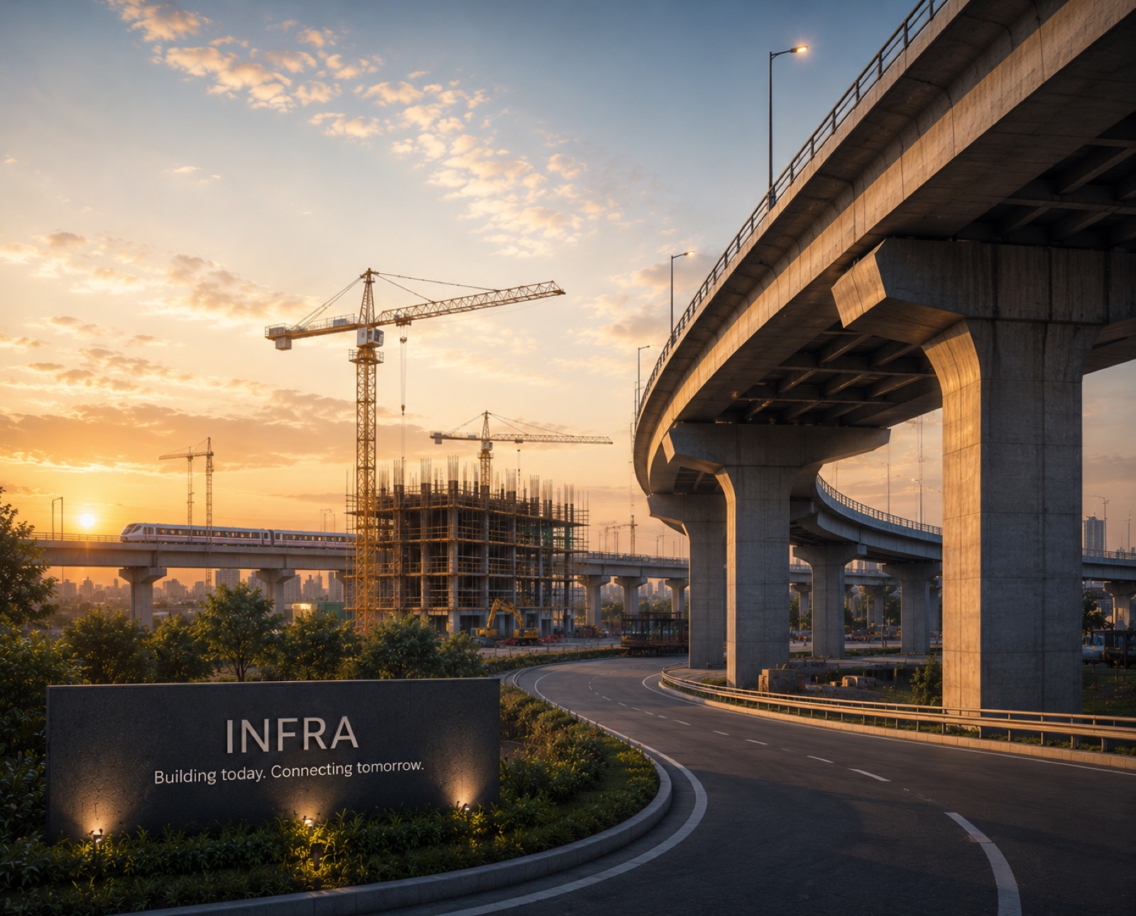 Infrastructure, elevated highway, metro line and construction cranes at sunset