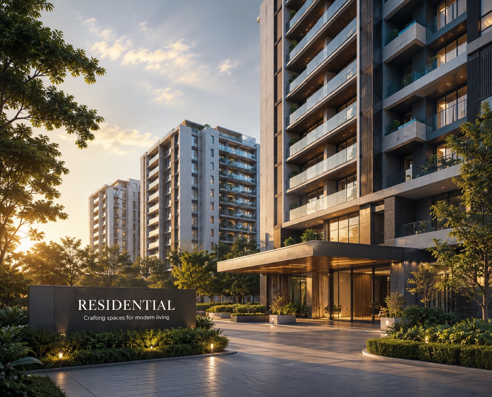 Residential development, modern apartment towers with landscaped entrance